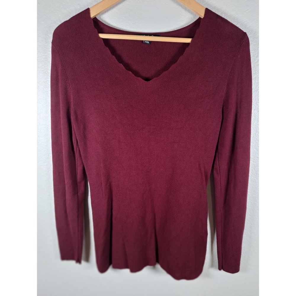 Charlie B Burgundy Scalloped V-Neck Ribbed Long Slv Sweater Medium C2301R-497A